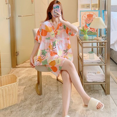 棉绸睡衣女夏季薄款短袖女款睡衣大码宽松清新可爱绵绸家居服套装
