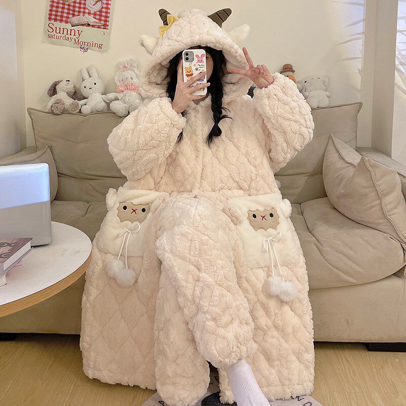 秋冬季睡袍女款三层夹棉加厚加绒珊瑚绒睡衣可外穿冬天家居服套装