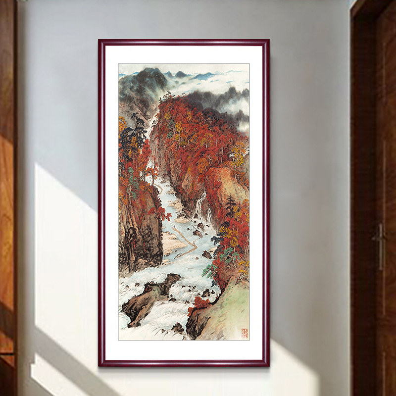 关山月 秋溪放筏 名画复古玄关竖版山水画中式办公室国画走廊挂画