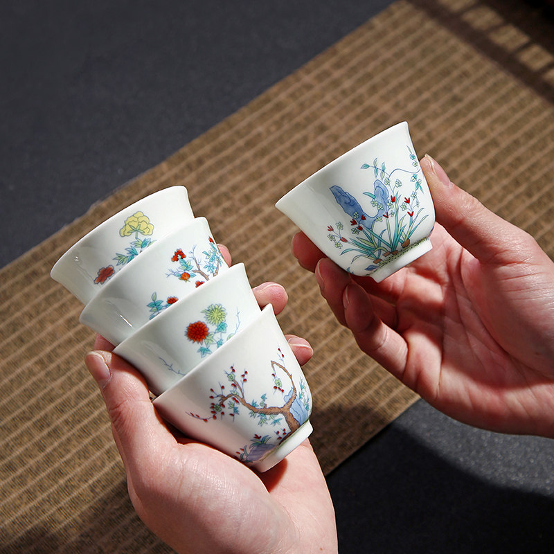 陶瓷品茗杯喝茶杯子主人杯十二花神月令杯青花斗彩花卉茶杯礼盒装