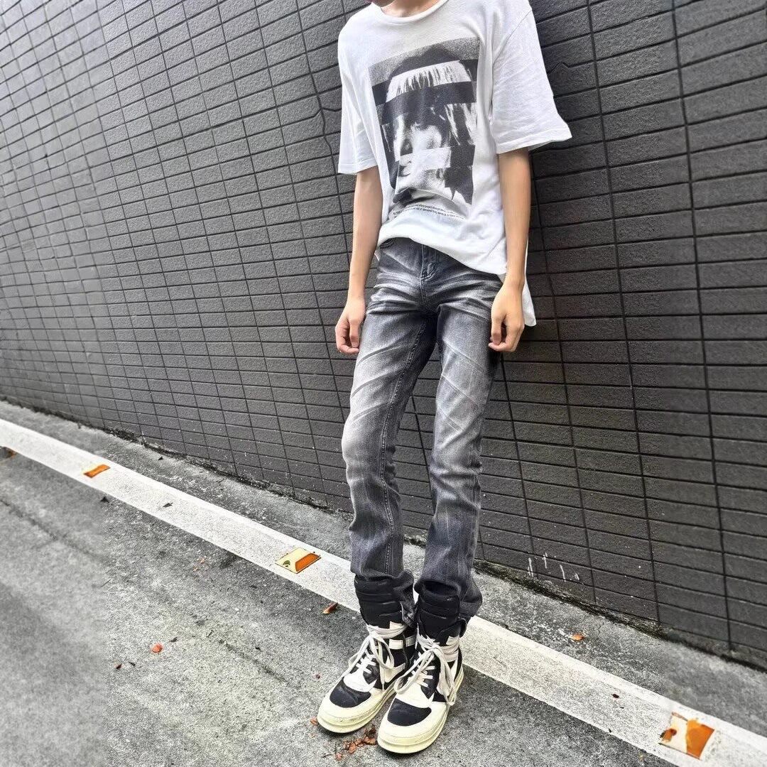纪璇黑牛美式cleanfit水洗修身弹力微喇高街vibe黑灰牛仔裤潮流男图片