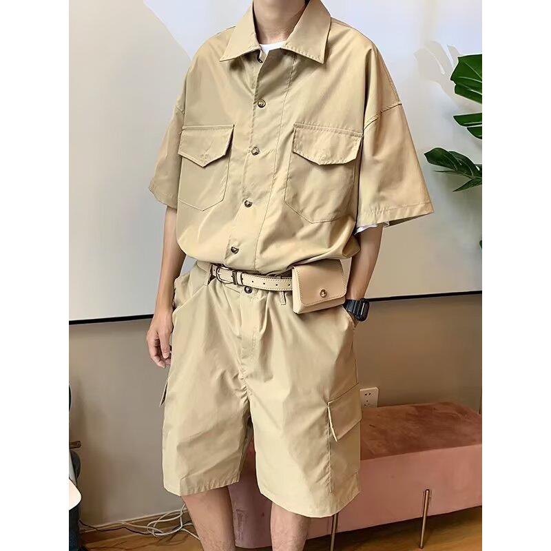 工装套装男夏季新款宽松短袖衬衫休闲运动套装