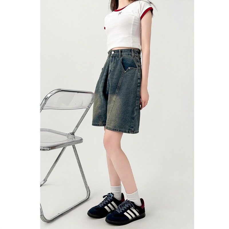 大码胖mm复古直筒裤牛仔短裤女2025夏季美式五分裤宽松微胖中裤子图片