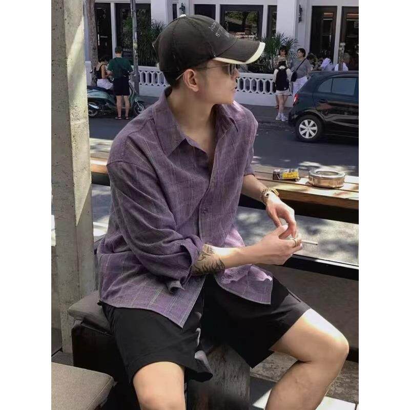 慵懒松弛感老钱风穿搭男士紫色衬衫休闲宽松防晒衬衣外套chic上衣