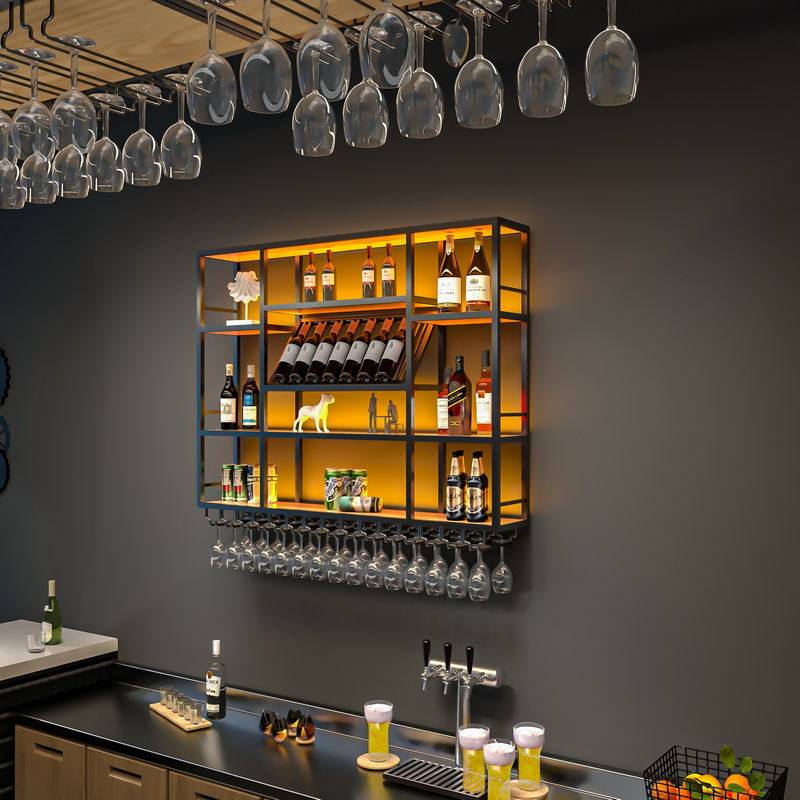 吧台酒架壁挂置物架工业风上墙酒柜餐厅铁艺装饰发光展示架轻奢