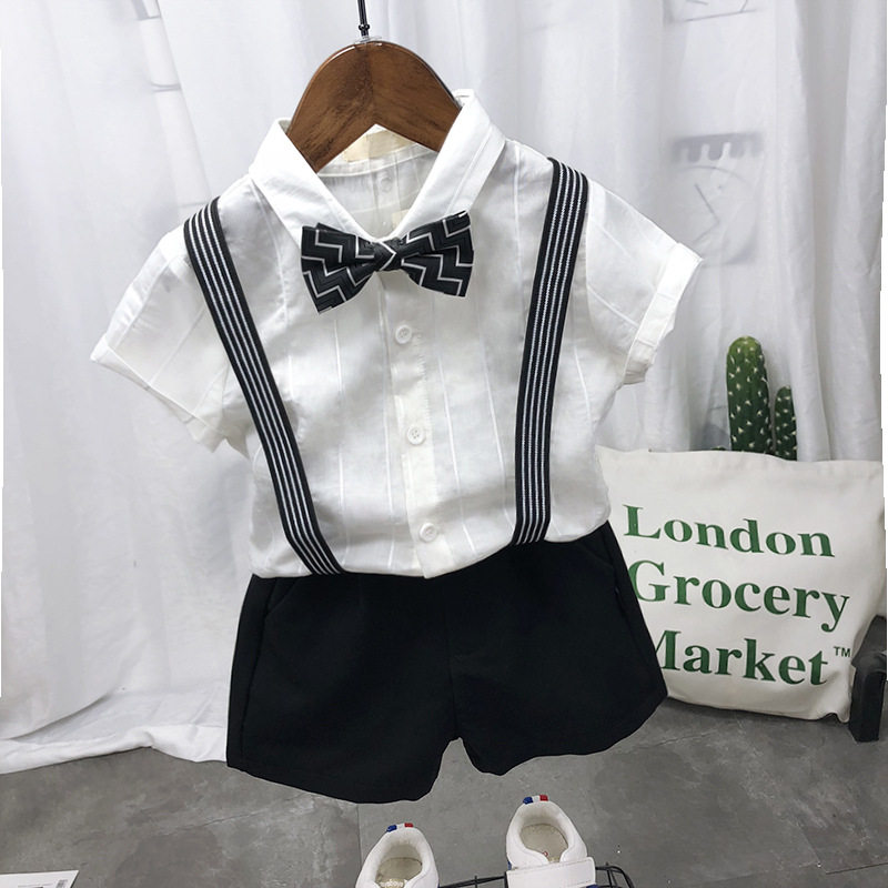儿童夏装短袖衬衫套装男童花童主持人走秀演出服气背带裤两件套潮