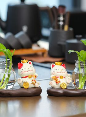 花盆鱼缸一体创意客厅摆件招财猫玻璃花器家居饰品办公桌绿萝花瓶