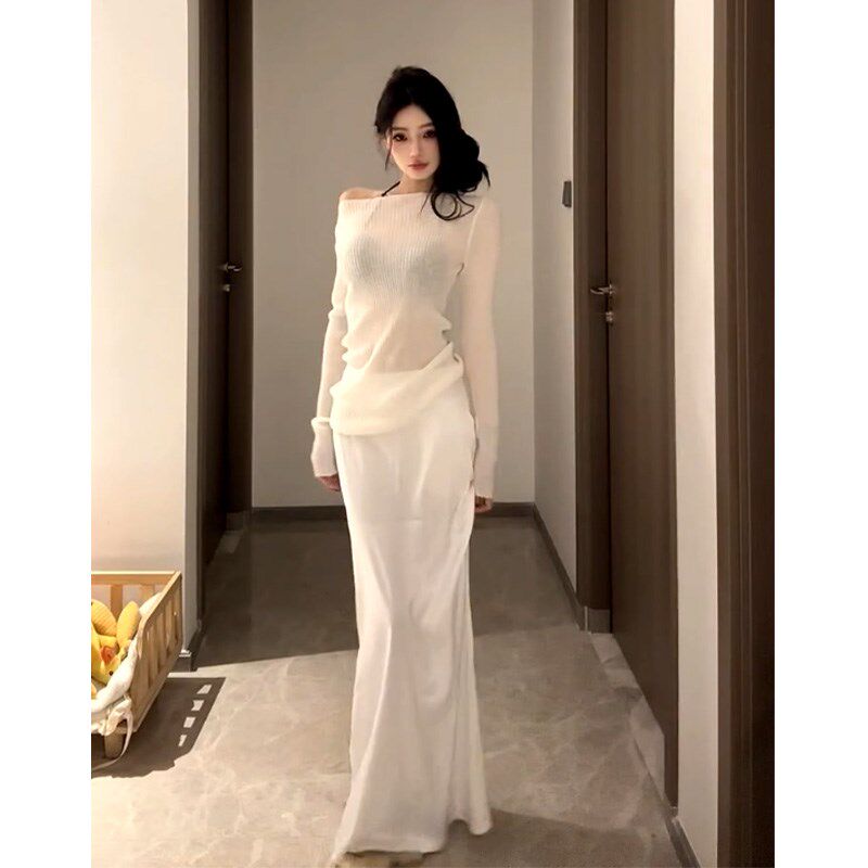 法式高级感白色缎面半身裙女高腰百搭修身垂感包臀中长款a字裙