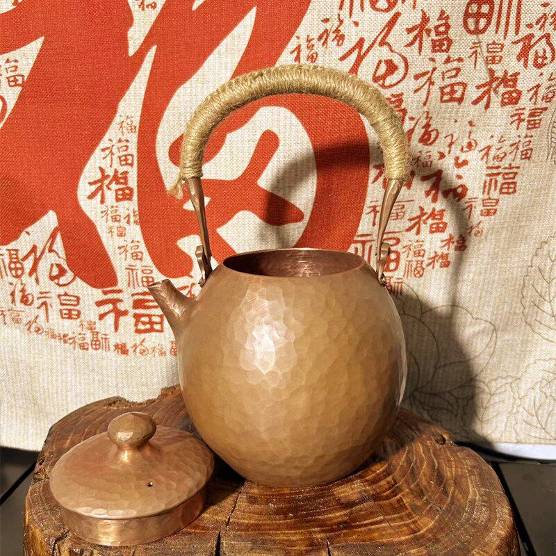 原色纯手工一张打煮茶水壶加厚紫铜1.3L电陶碳炉烧水龙蛋提梁铜壶