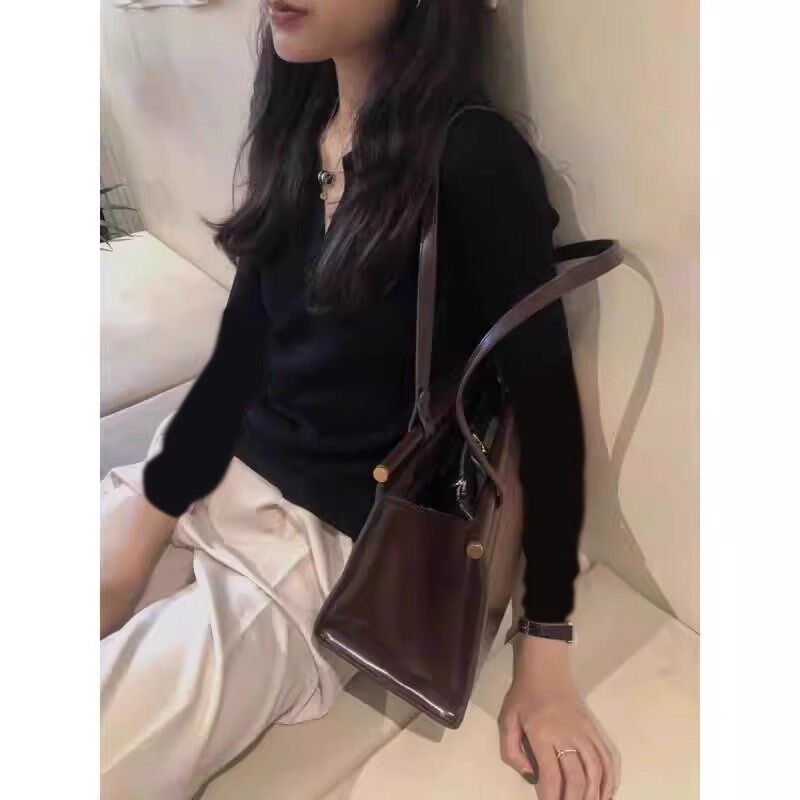 黑色polo领打底衫女秋冬内搭2024新款修身显瘦长袖t恤上衣设计感