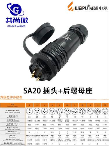 威普航空插头Sa20 2-3-4-5-6-7-8-9-12-15芯防水连接器后螺母座