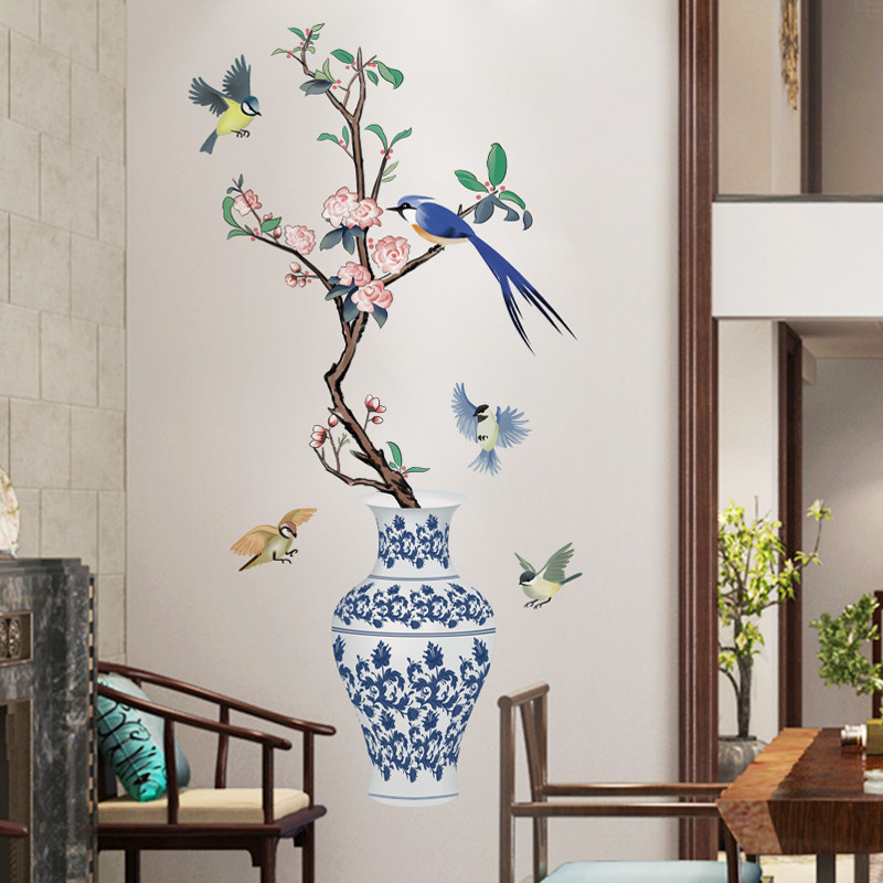3d立体青花瓷花鸟墙贴卧室沙发电视背景墙面装饰中国风墙壁纸自粘