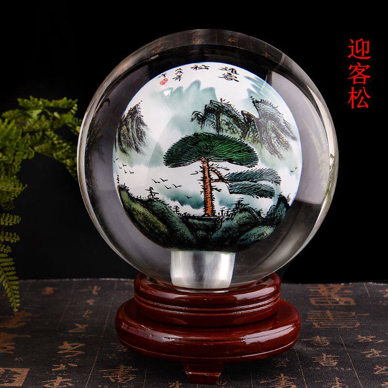 内画水晶球摆件牡丹花八骏图迎客松富贵鱼花开富贵五牛图中式家居