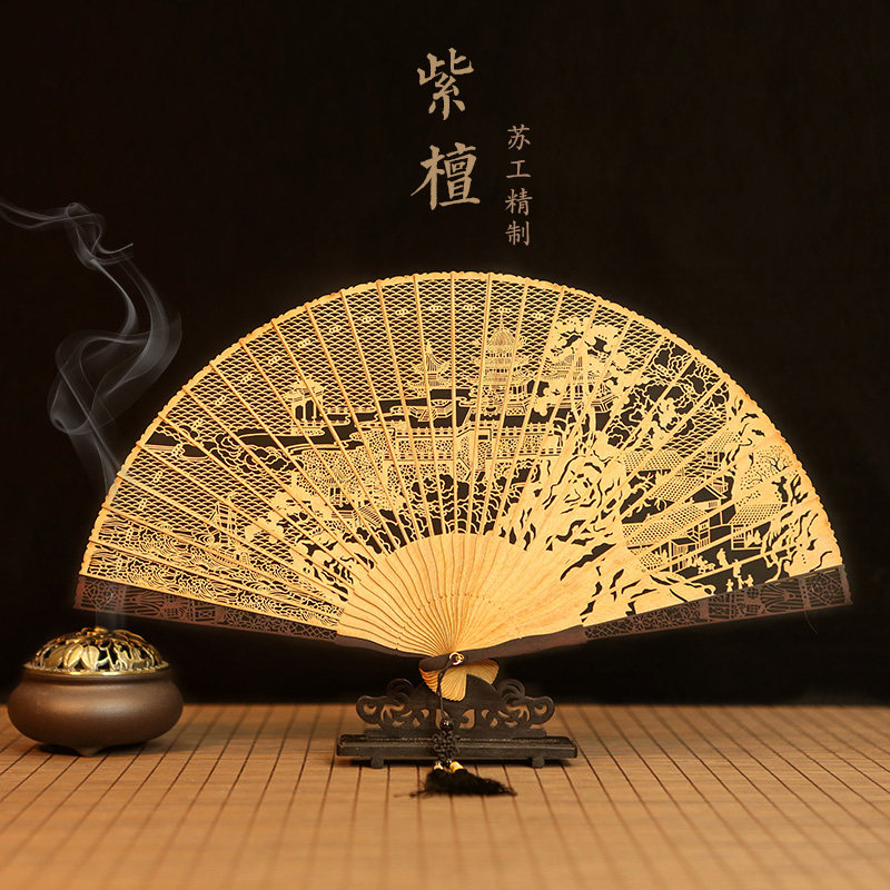 吉善非遗工艺品特产檀香扇紫檀木折扇檀香镂空扇文创摆件礼品扇子