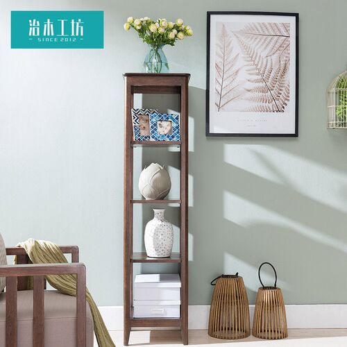 治木工坊全实木置物架美式红橡木小花架落地胡桃色五层隔板展示架
