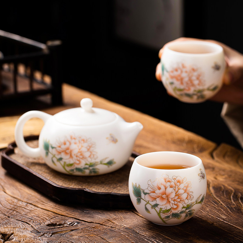 国色牡丹便携式旅行茶具套装小套组户外羊脂玉白瓷一壶两杯二人