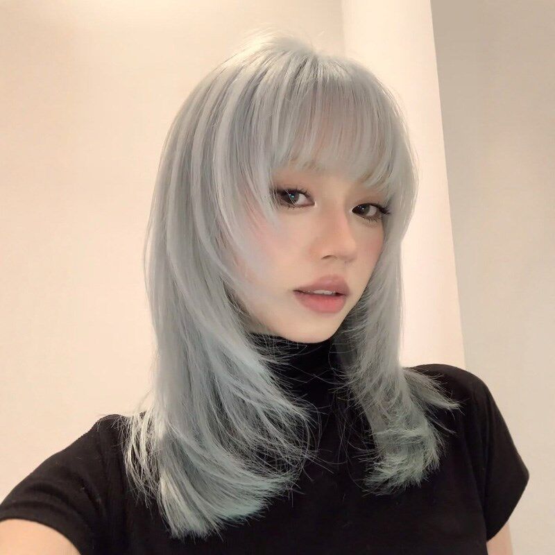 假发女冰蓝色新款锁骨发y2k网红亚文化齐刘海高层次短直发全头套