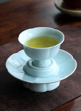仿宋代湖田窑葵口茶盏非遗点茶影青釉调膏杯莲花盏复古高足主人杯