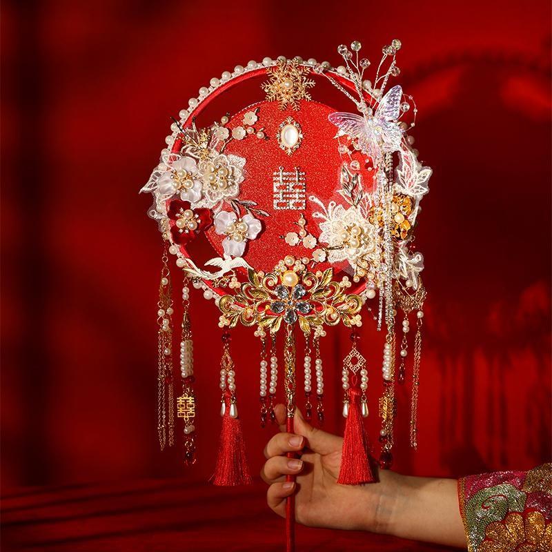 新婚团扇结婚新娘高级双面简约diy材料包出嫁秀禾婚礼古风红色扇