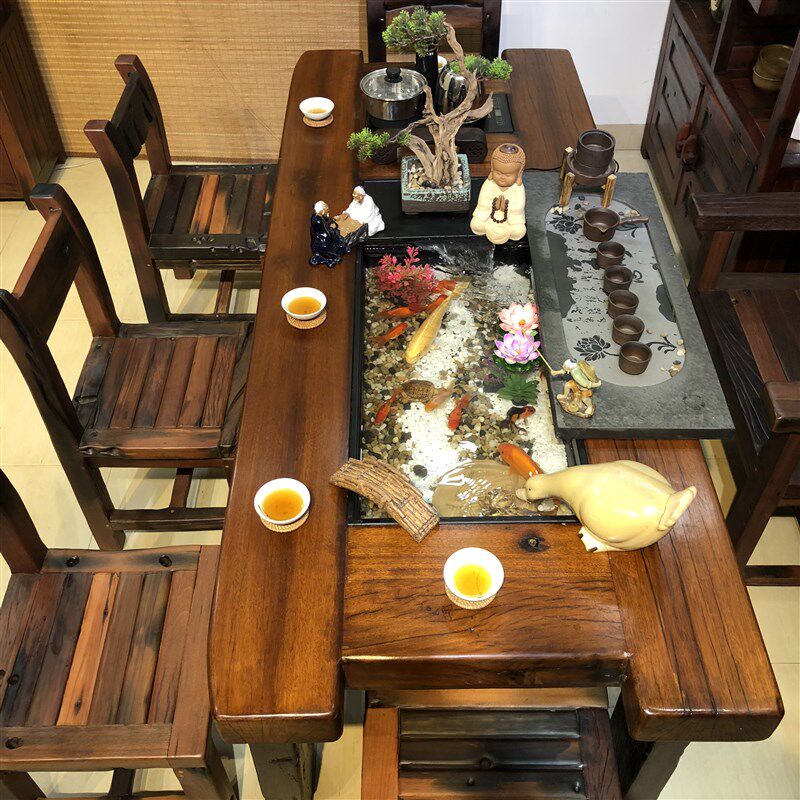 老船木流水茶桌茶台新中式茶几实木功夫茶道茶艺泡茶桌椅组合喝茶