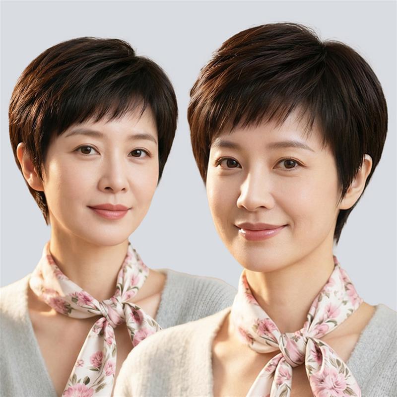 假发中老年女妈妈款60岁全头套逼真自然假发全手工真发短发直发款