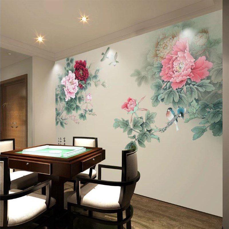 国画牡丹花电视背景墙壁纸3d新中式客厅沙发卧室影视墙纸花鸟墙布