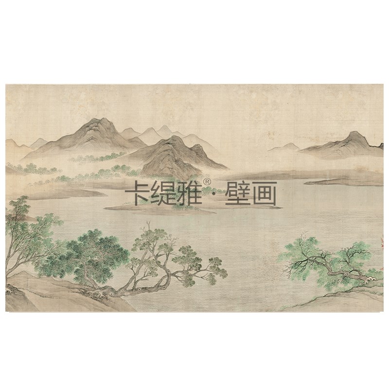 Katiya新中式湖山春暖图电视背景墙壁纸手绘复古墙布宋代美学壁画