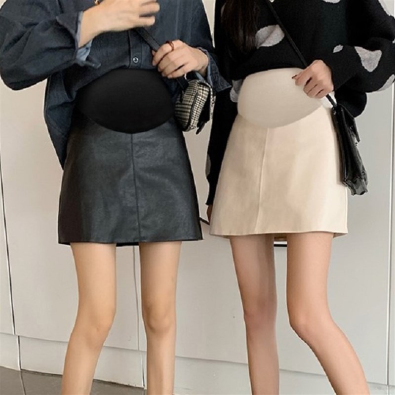 孕妇短裙春装外穿网红哑光pu皮裙a字半身裙高腰显瘦包臀小皮裙秋