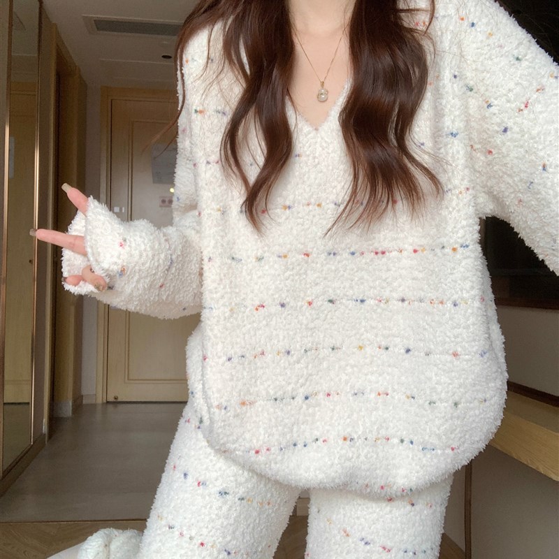 彩色点点半边绒睡衣女冬季2025新款加厚加绒可外穿冬天家居服套装