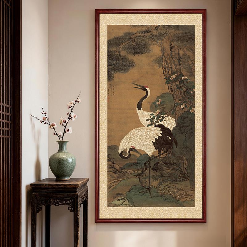 松鹤延年新中式玄关装饰画山水画竖版挂画走廊过道正对门宋式美学