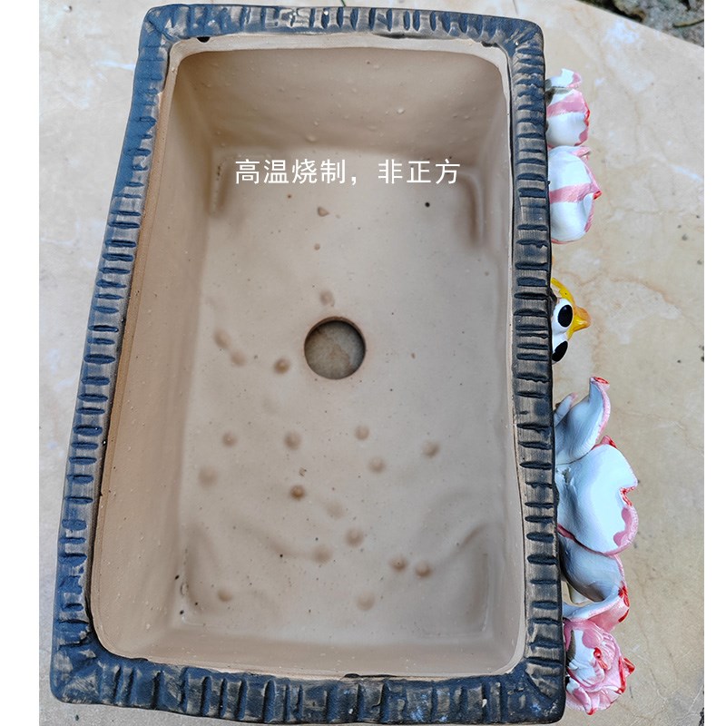 大口径长方群生手工捏花麦饭石颗粒多肉 花盆