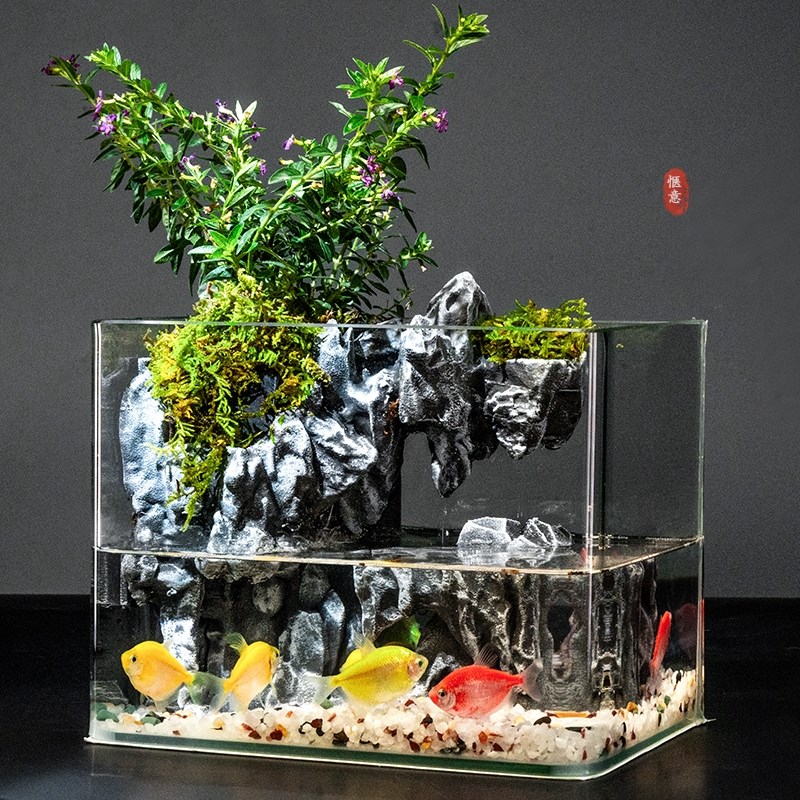 假山流水生态造景玻璃鱼缸绿植桌面办公室小型过滤一体循环乌龟缸