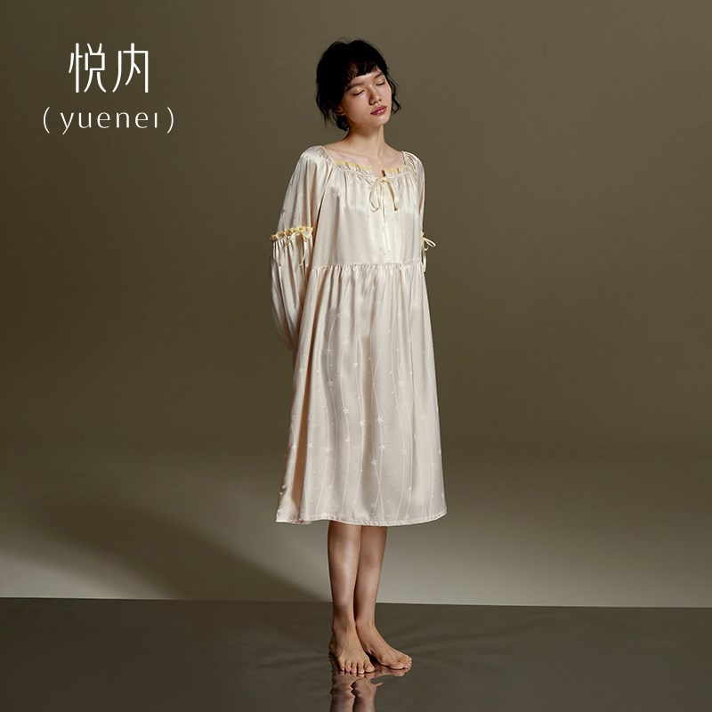 悦内睡裙女士睡衣夏季冰丝长袖春秋款秋季薄款长裙丝绸宫廷风法式