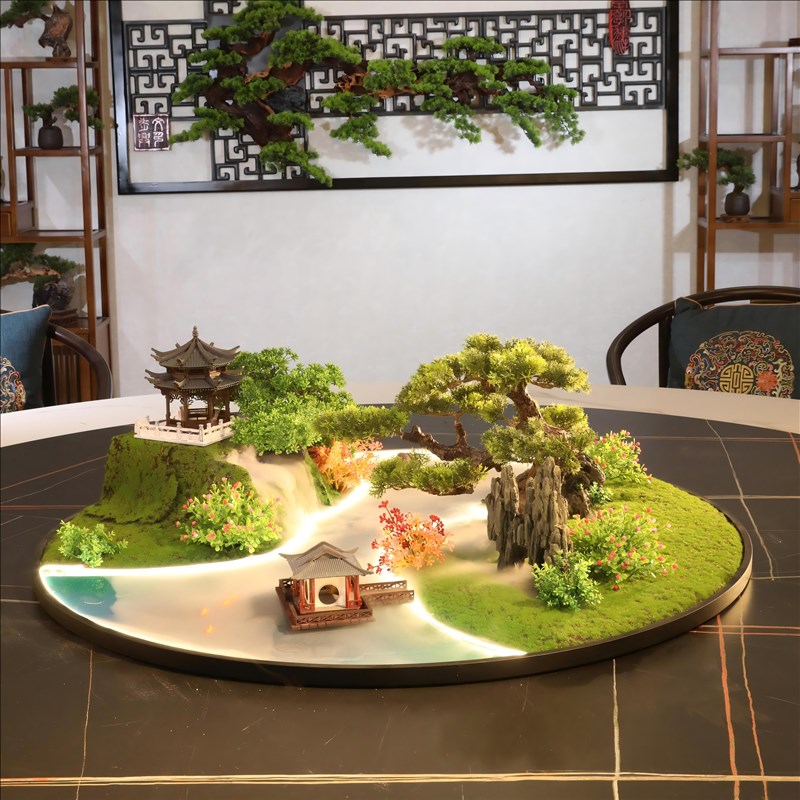 餐桌中间摆花喷雾化流水灯光遥控桌摆转盘花摆圆桌芯装饰盆景花瓶