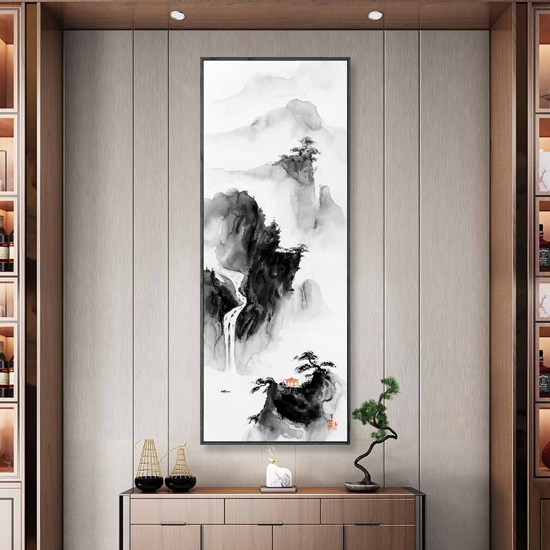 水墨宣言 新中式水墨山水装饰画茶室书房墙画玄关走廊竖长形挂画