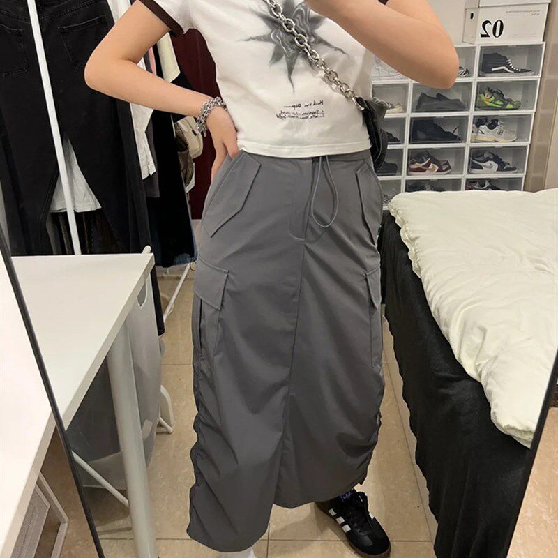 遮肚子遮胯半身裙夏季新款美式灰色工装裙大码胖妹妹高腰显瘦裙子