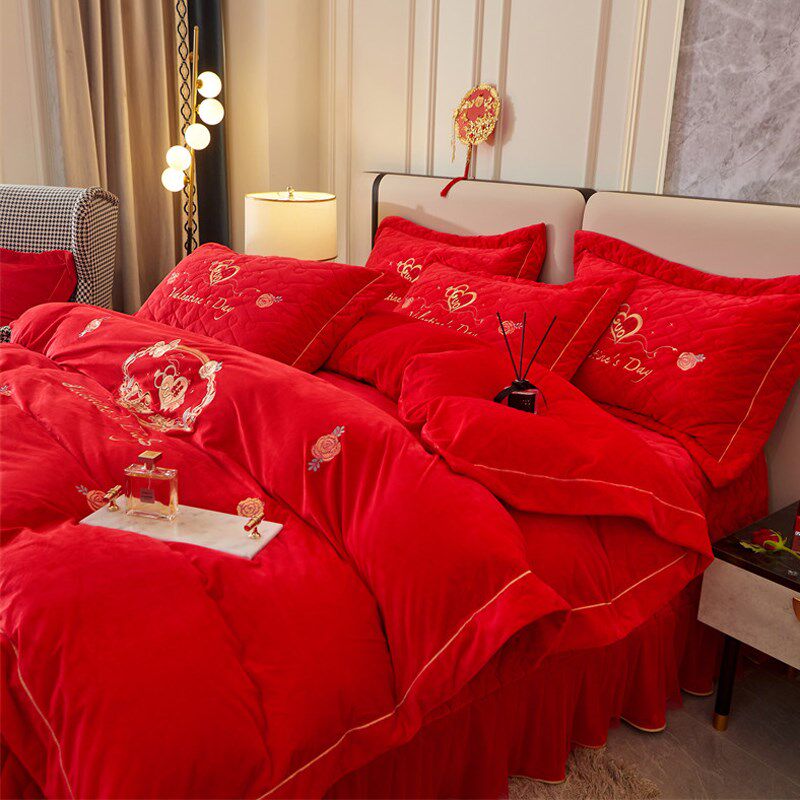 结婚庆红色婴儿绒四件套床盖款牛奶珊瑚绒双面绒被套加厚高端冬季