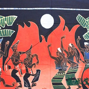 佤族欢歌云南风情特色装饰画手工蜡染画火把节餐厅酒吧背景布艺画