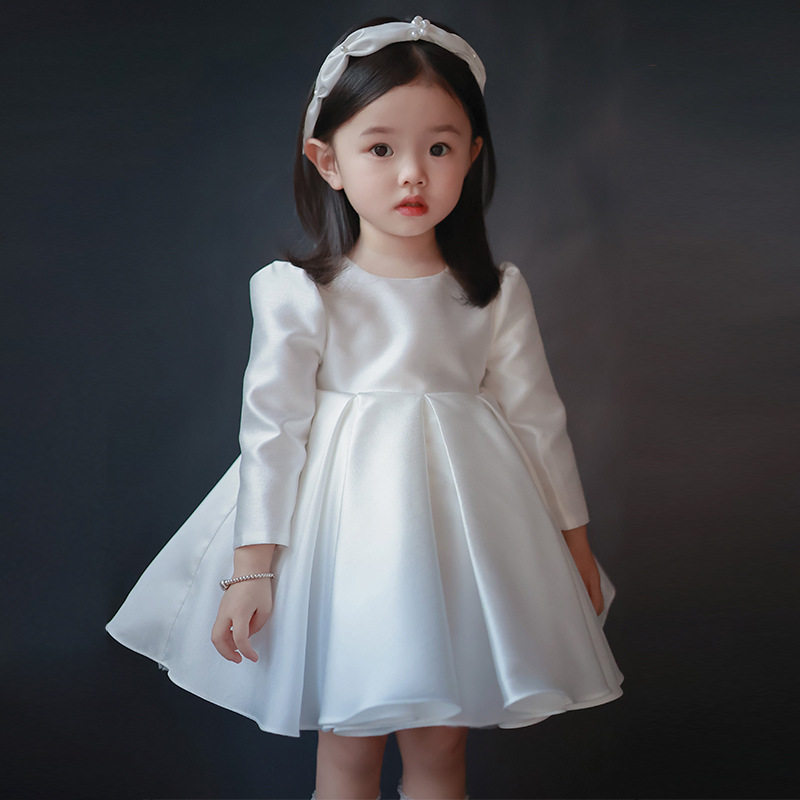 女童高端钢琴走秀生日礼服白色长袖小女孩周岁公主裙简约可爱花童