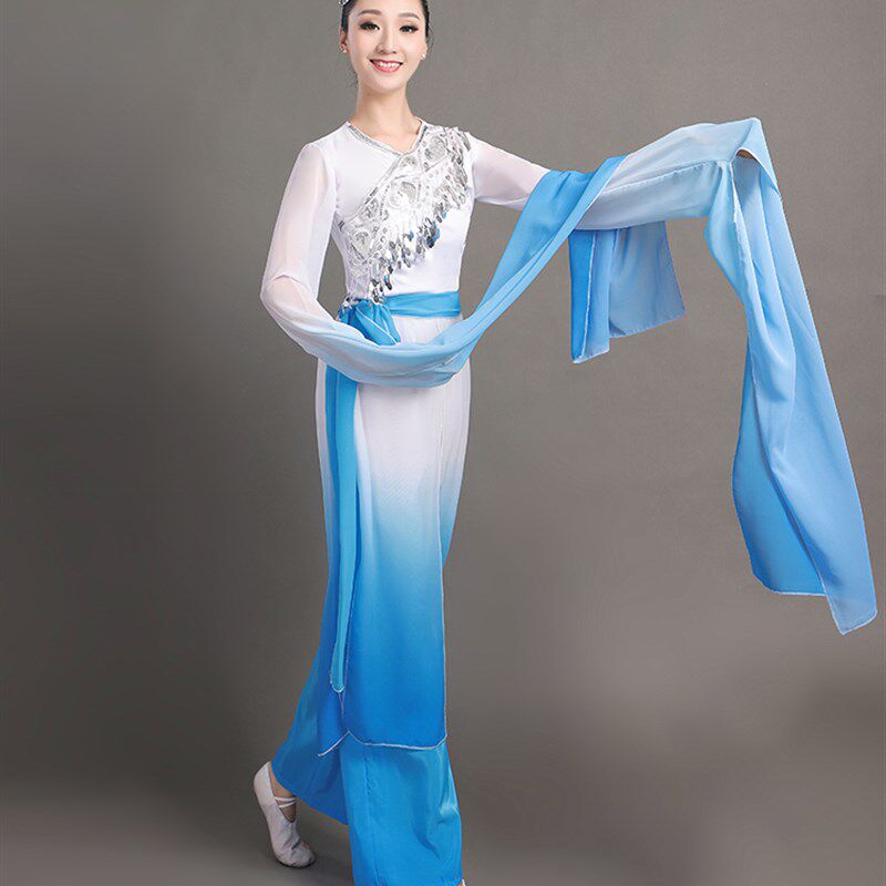汉服水墨色水袖舞蹈演出服装古典舞惊鸿舞男女墨舞表演服长袖 女