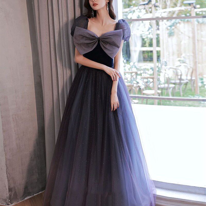 紫色晚礼服裙短袖宴会气质高级感轻奢小众主持人高端成人礼女长裙