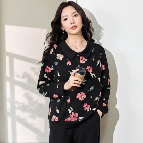 加肥加大码女装秋装胖妹妹洋气时尚休闲上衣胖mm宽松显瘦碎花T恤