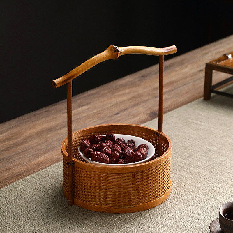 复古筇竹手提圆形点心提篮家用茶楼竹编大漆茶具水果小号收纳篮子