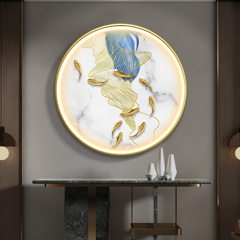 圆形轻奢玄关装饰画大气灯画客厅壁画晶瓷走廊进门入户九鱼图网红