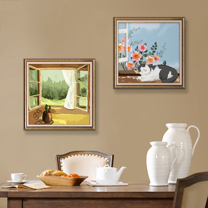 美式餐厅装饰画小清新油画卧室儿童房卡通挂画风景壁画治愈系装饰