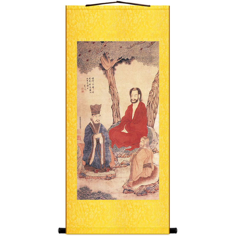 丁云鹏三教图画像 儒释道挂画 释迦牟尼孔子老子丝绸装饰画卷轴画