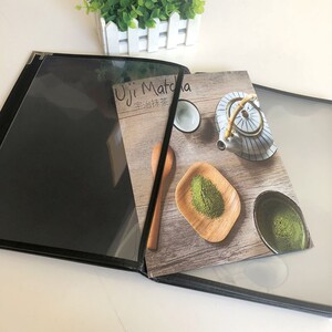 皮革封面PVC西式8页16面透明菜谱本定制皮革A4活页菜单夹餐牌价格