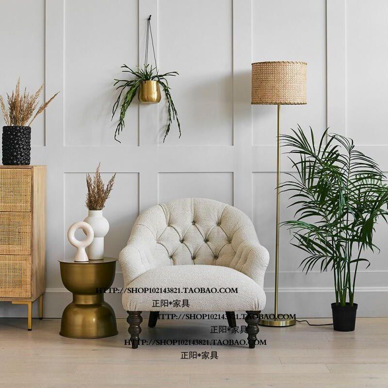 比利时北欧美式实木羊羔绒布艺单人位沙发椅洽谈椅交椅客厅家具