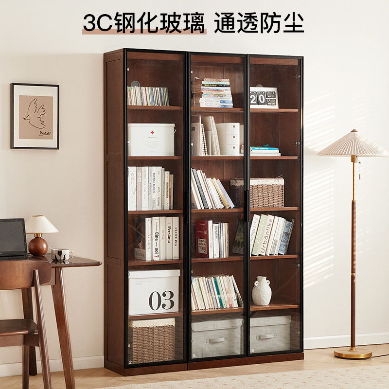 实木书柜一体整墙客厅自由组合格子柜带玻璃门展示柜简约储物柜子