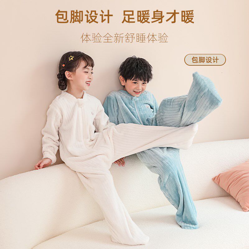亲子睡袋法兰绒春秋冬季分腿男女宝宝连体可拆脚双拉链防踢被包脚
